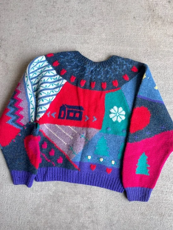 Vintage 80s Eagle eye patchwork wool hand knit cottagecore sweater jumper top - Picture 4 of 10